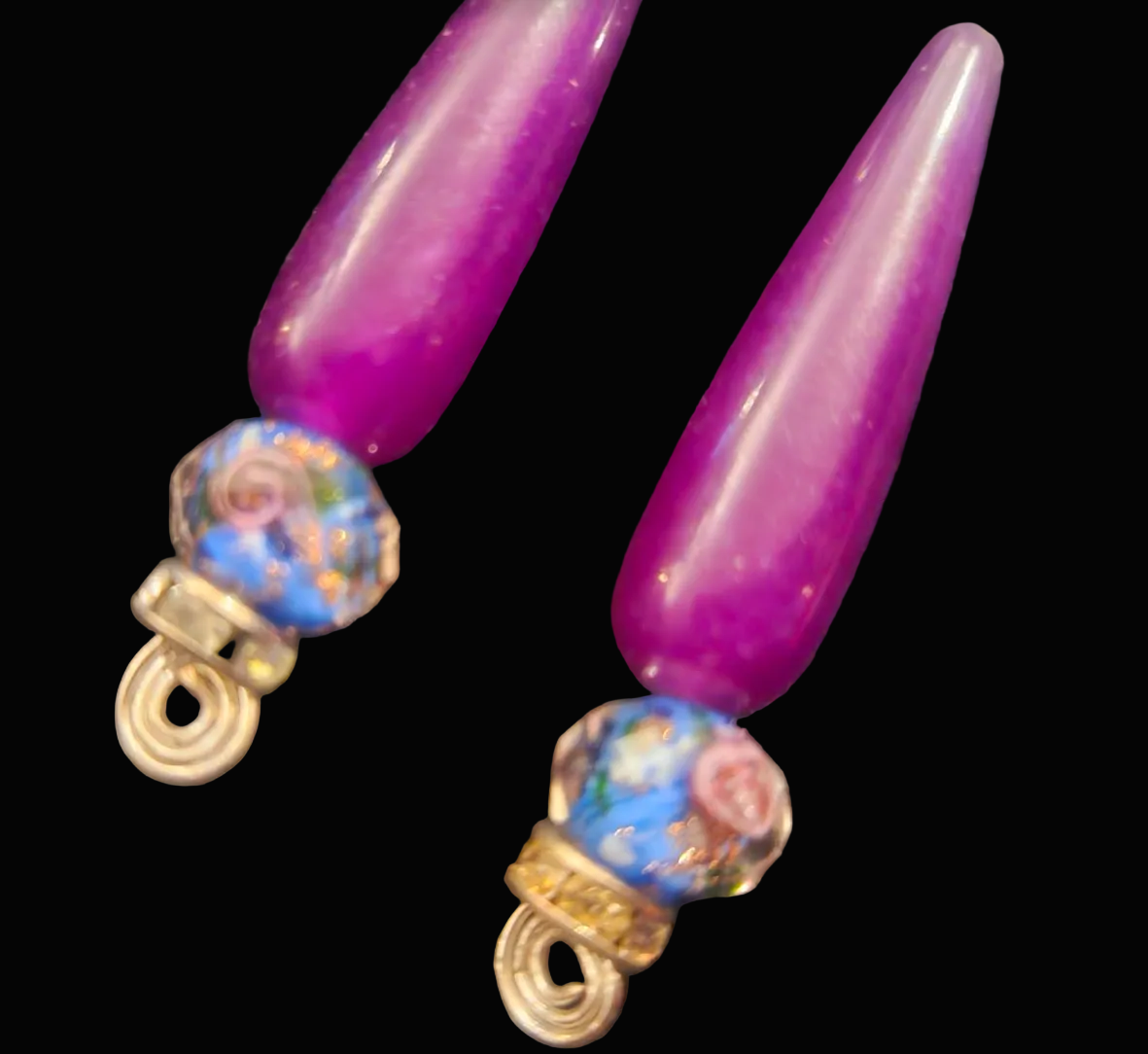 Purple Gemstone & Floral Lampwork Beaded Drop Statement Earrings