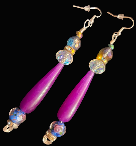 Purple Gemstone & Floral Lampwork Beaded Drop Statement Earrings