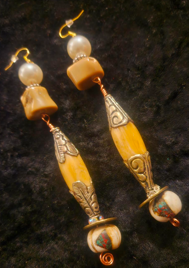 Tibetan Repousse Shell Tribal Beaded Pierced Statement Earrings Eart