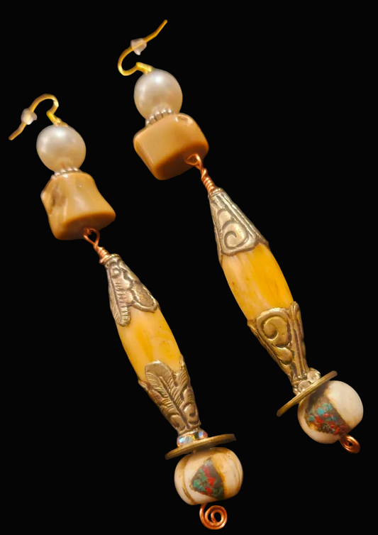 Tibetan Repousse Shell Tribal Beaded Pierced Earrings - Earth Tone