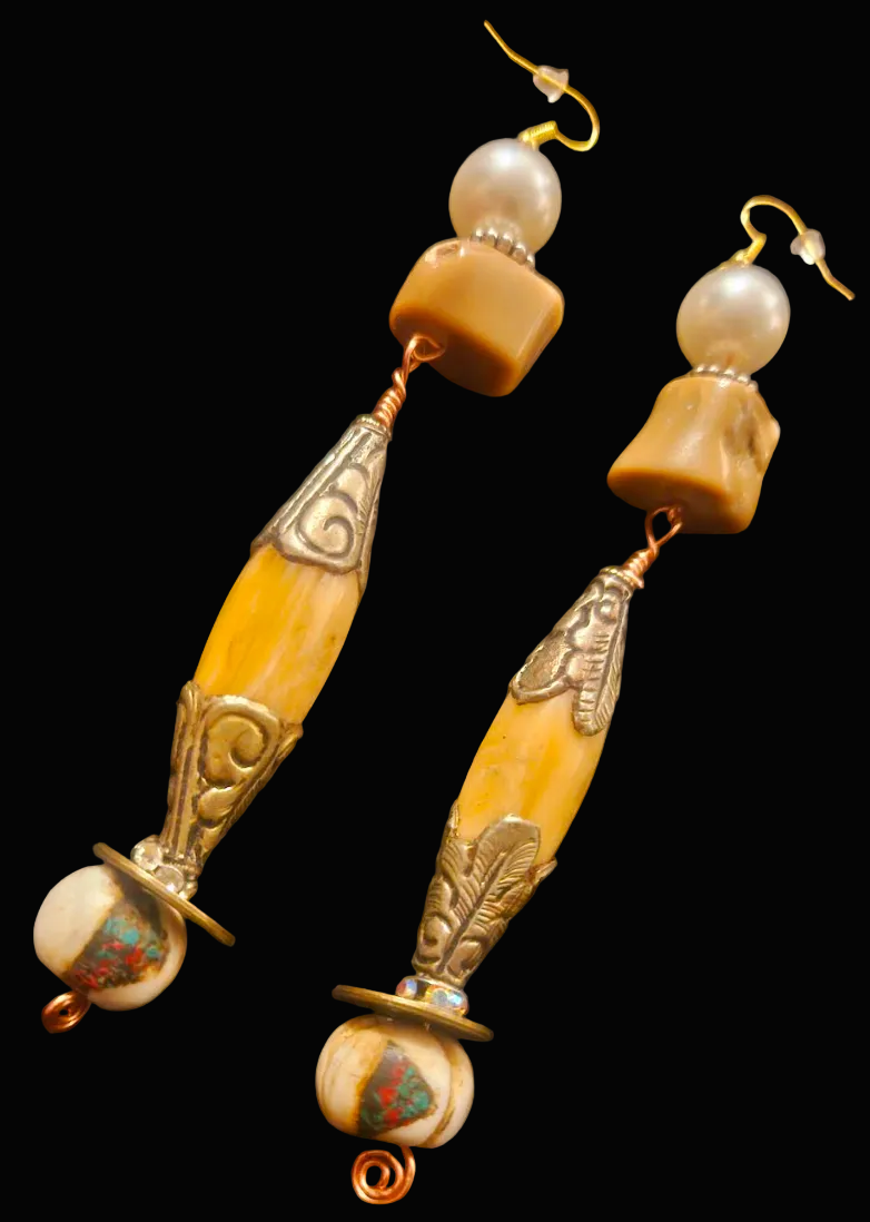 Tibetan Repousse Shell Tribal Beaded Pierced Earrings - Earth Tone