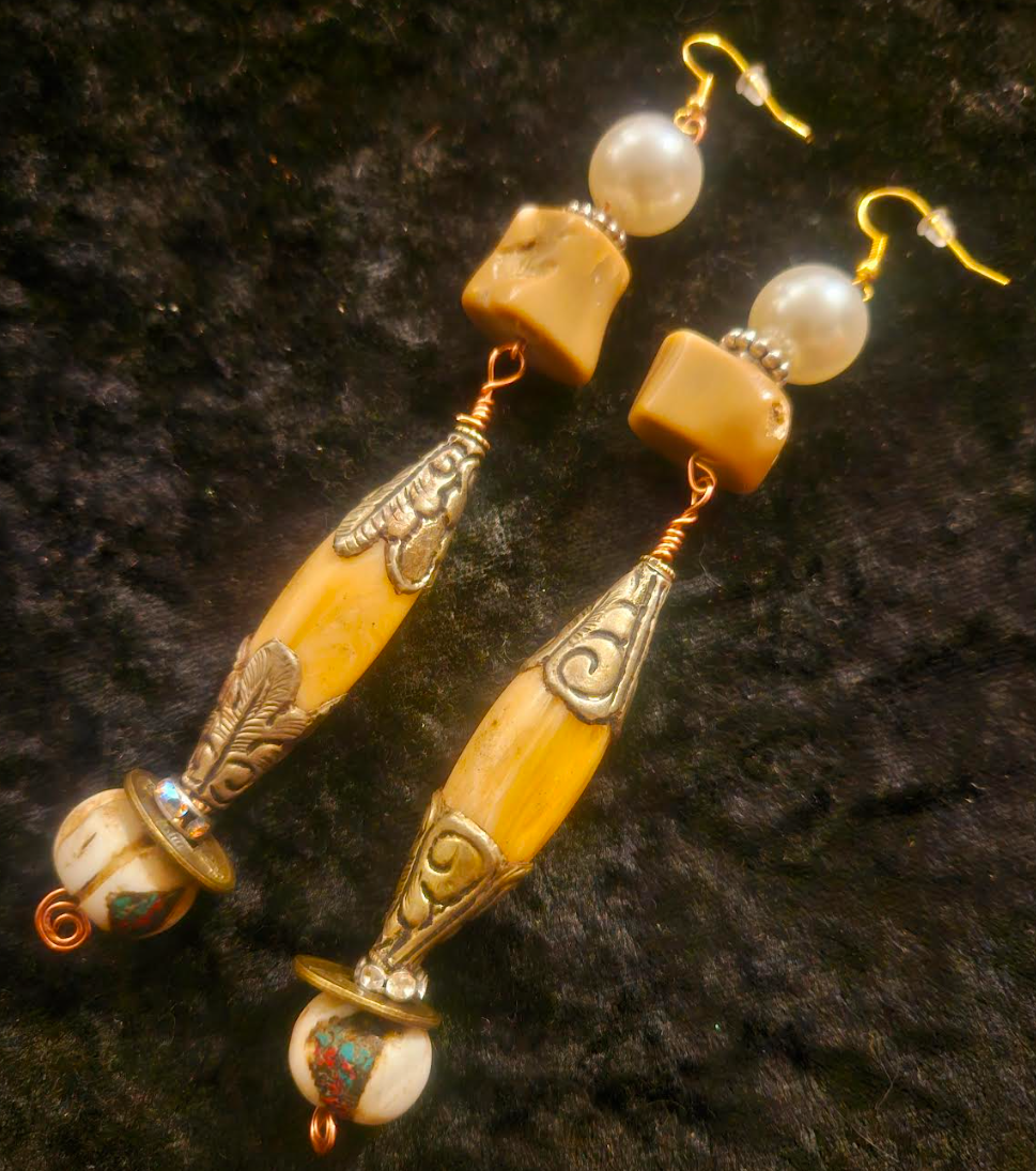 Tibetan Repousse Shell Tribal Beaded Pierced Statement Earrings Eart