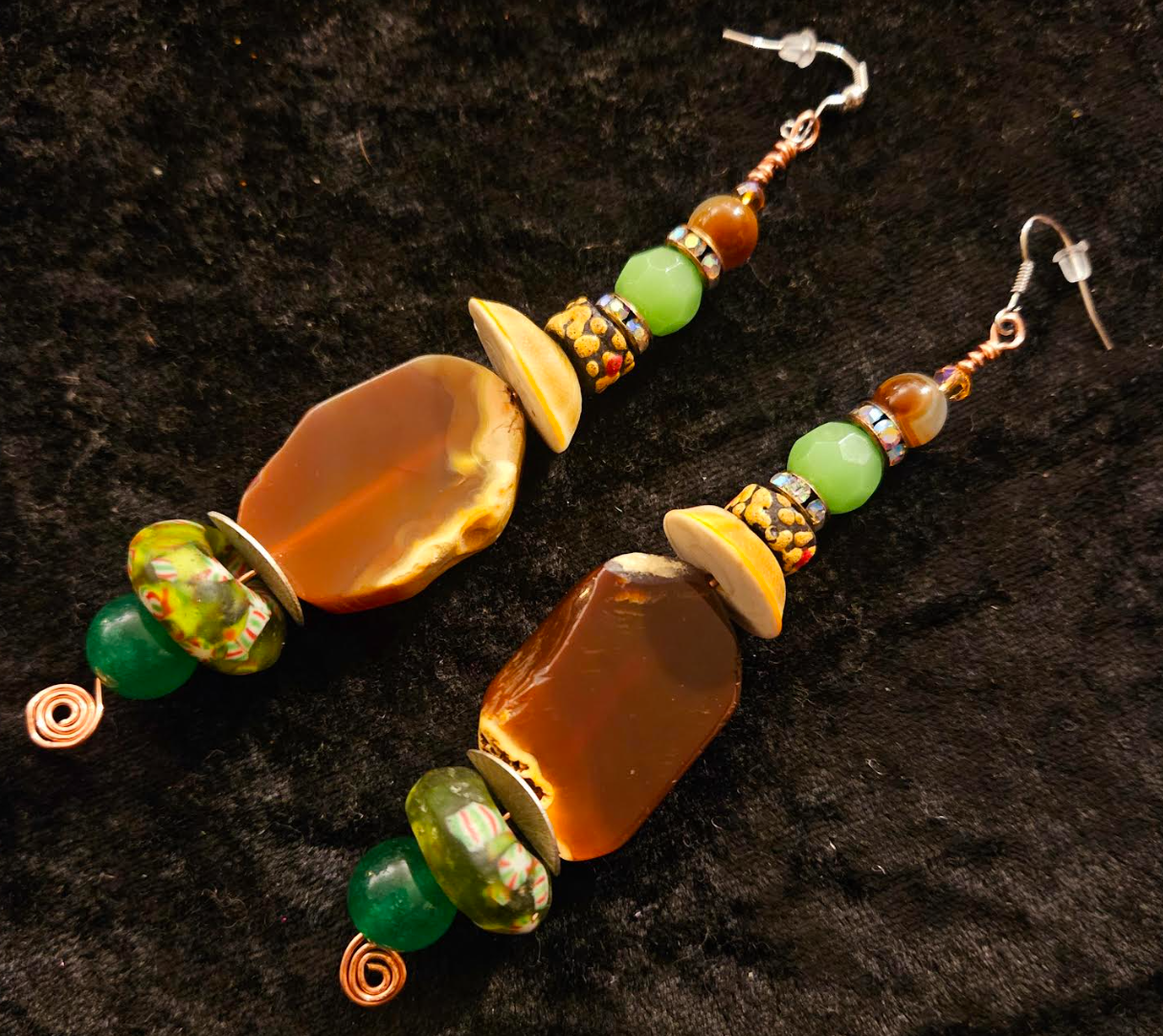 Agate & Earth Tone Beaded Dangle Pierced Statement Earrings Brown an