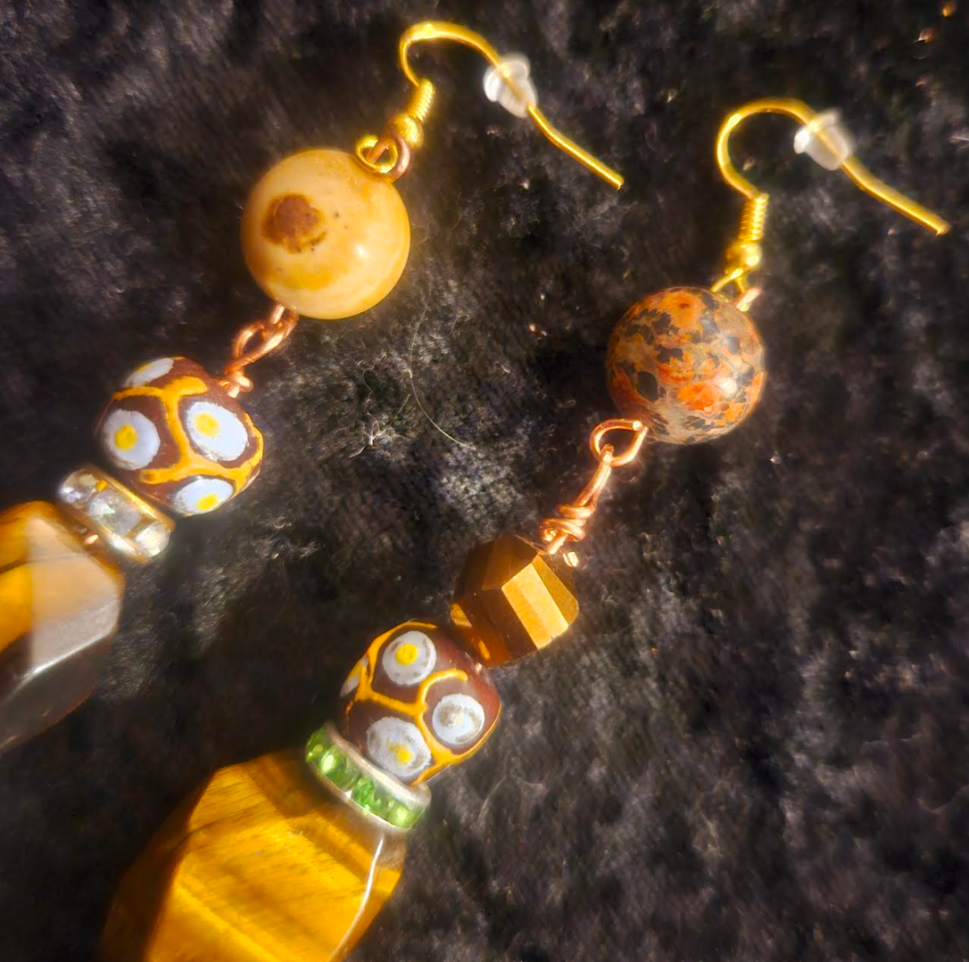 Mixed Media Pierced Dangle Statement Earrings Earth Tone Gemstone an