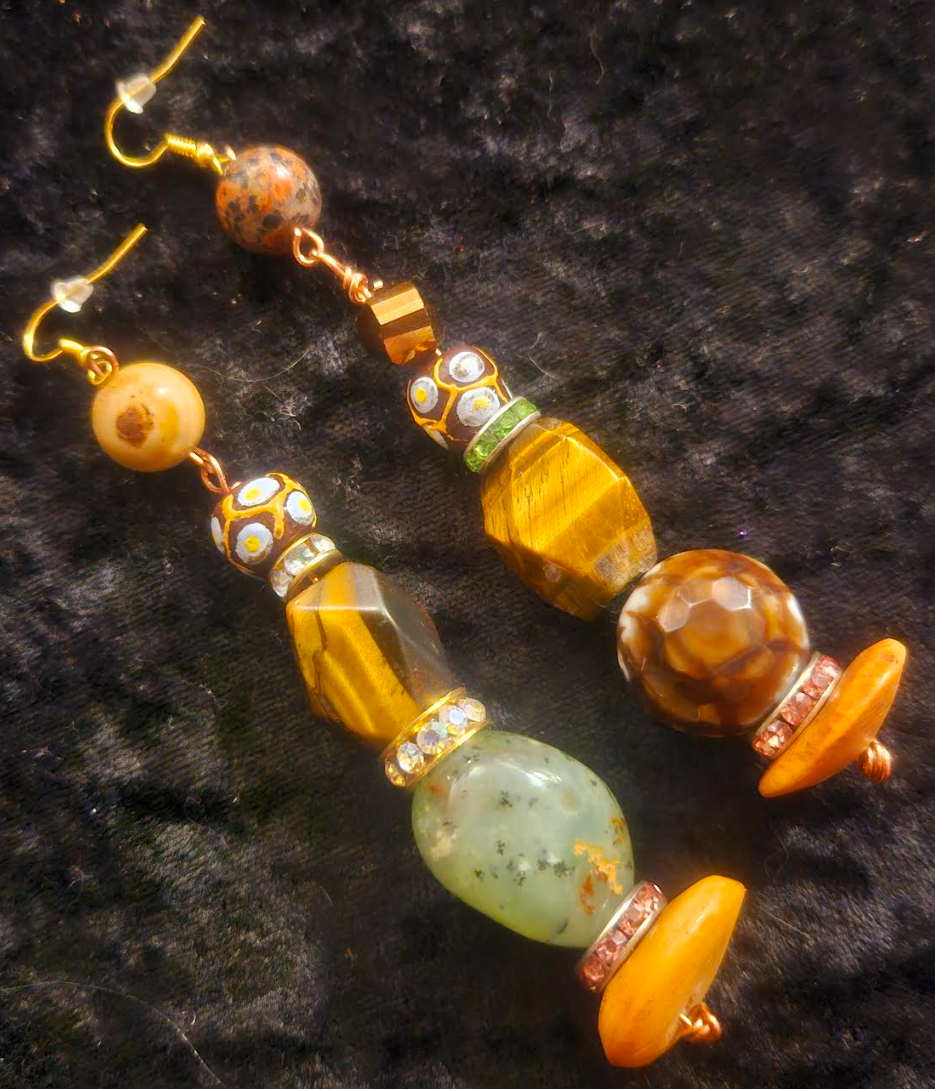 Mixed Media Pierced Dangle Statement Earrings Earth Tone Gemstone an