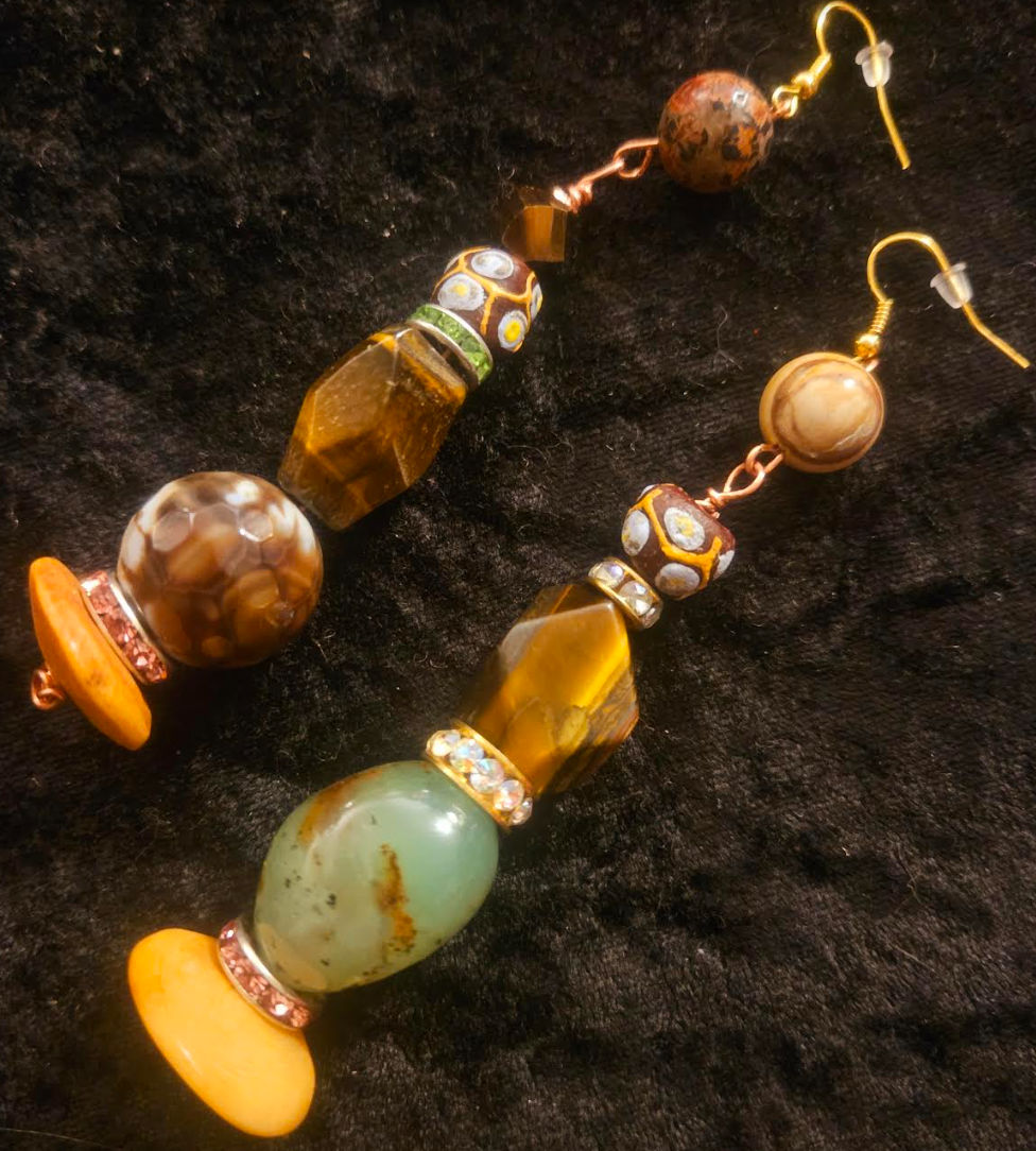 Mixed Media Pierced Dangle Statement Earrings Earth Tone Gemstone an