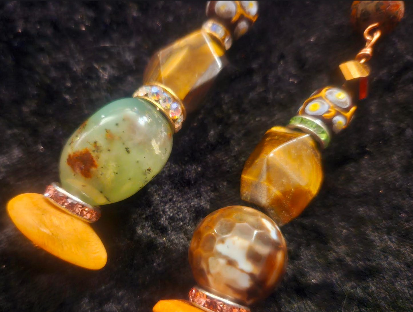 Mixed Media Pierced Dangle Statement Earrings Earth Tone Gemstone an