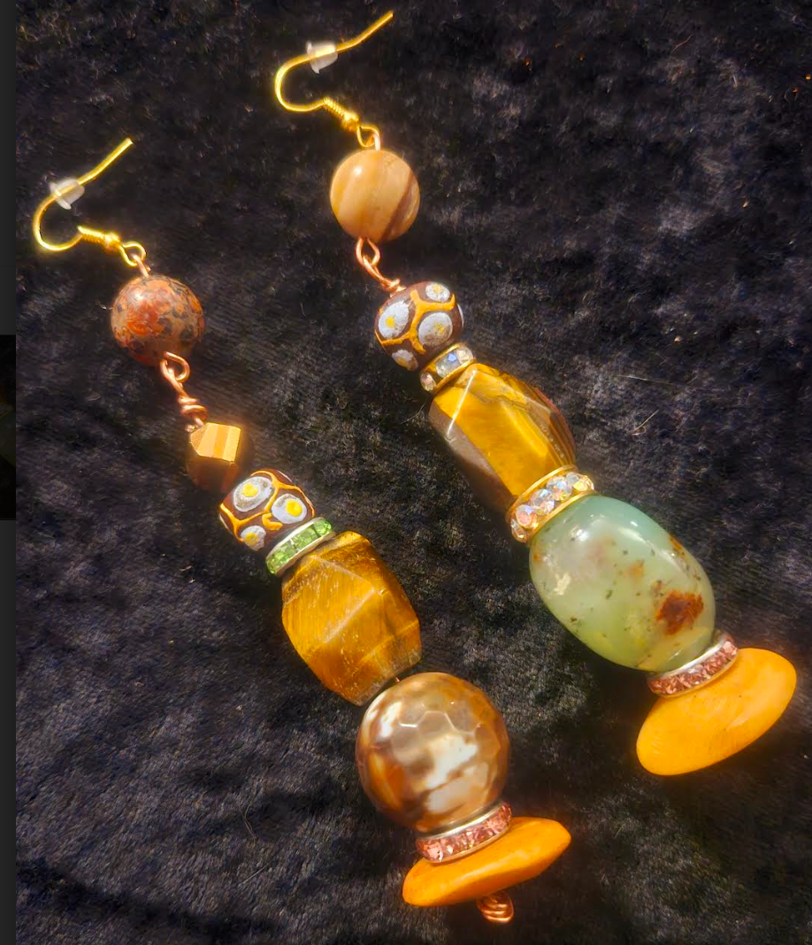 Mixed Media Pierced Dangle Statement Earrings Earth Tone Gemstone an