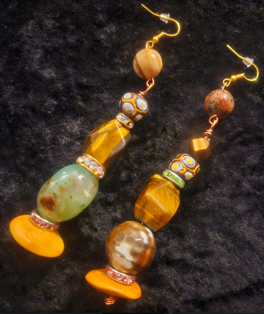Mixed Media Pierced Dangle Statement Earrings Earth Tone Gemstone an