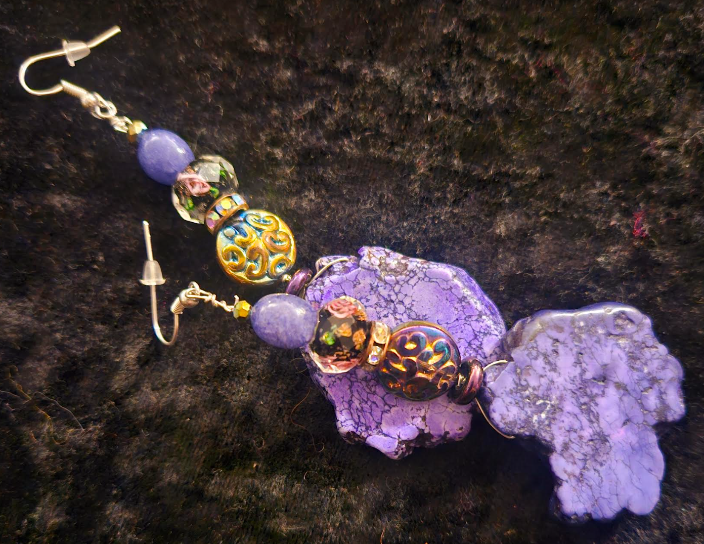 Purple Howlite Slab Dangle Pierced Statement Earrings Fancy Purple C
