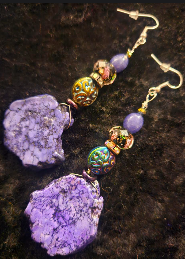 Purple Howlite Slab Dangle Pierced Statement Earrings Fancy Purple C
