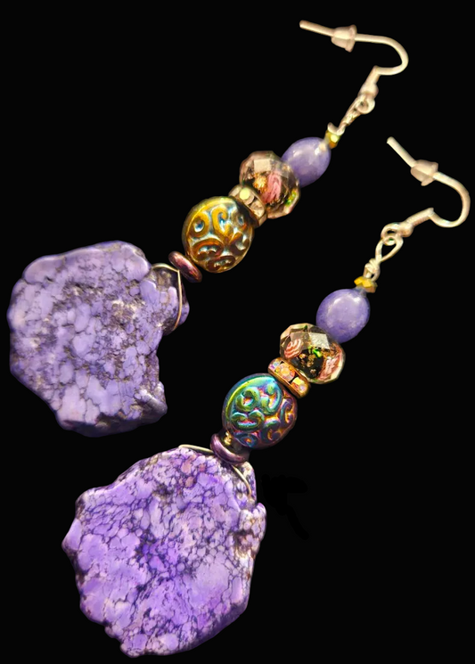 Purple-Lavender Howlite Slab Shoulder Duster Pierced Earrings