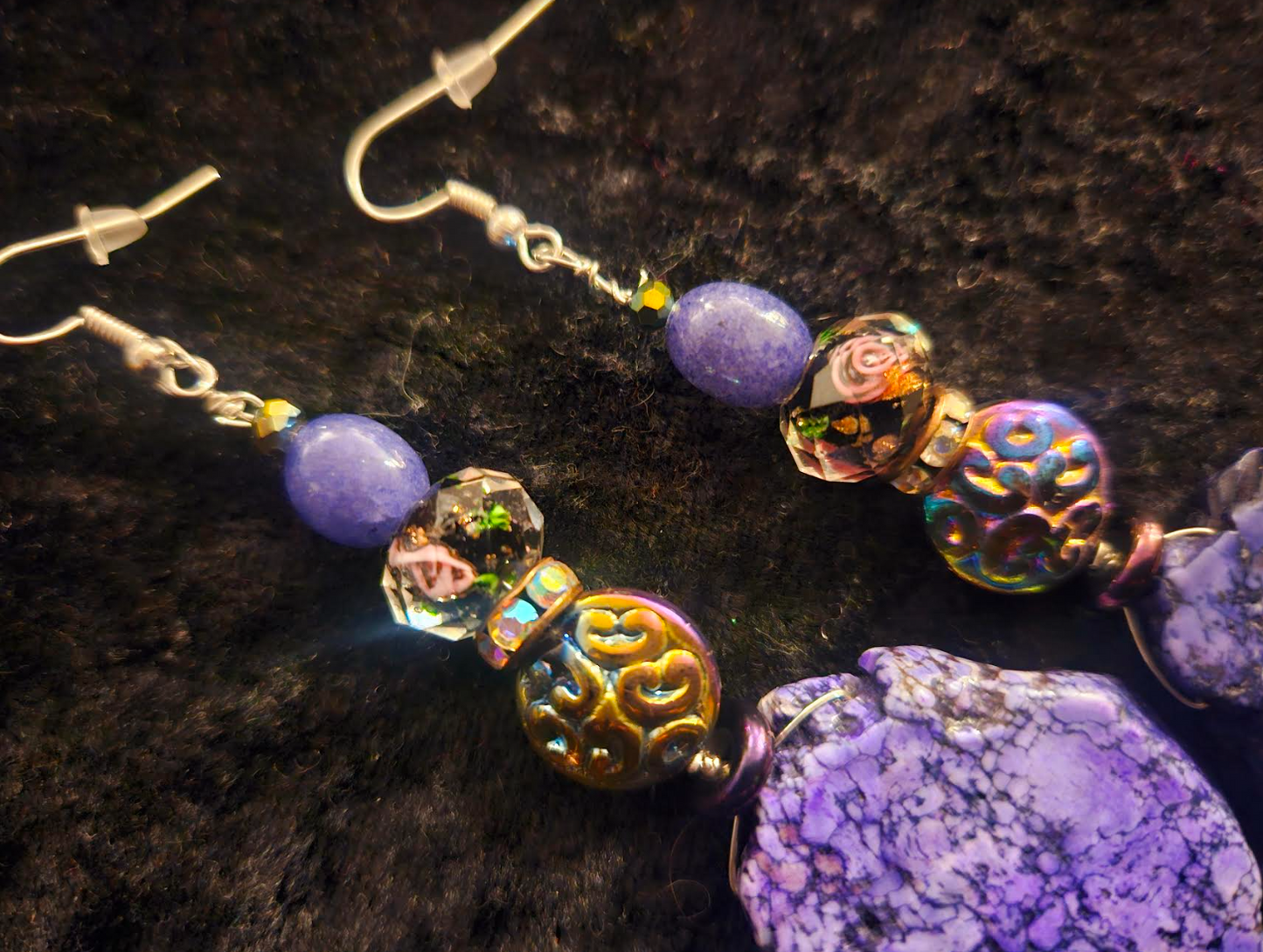Purple Howlite Slab Dangle Pierced Statement Earrings Fancy Purple C