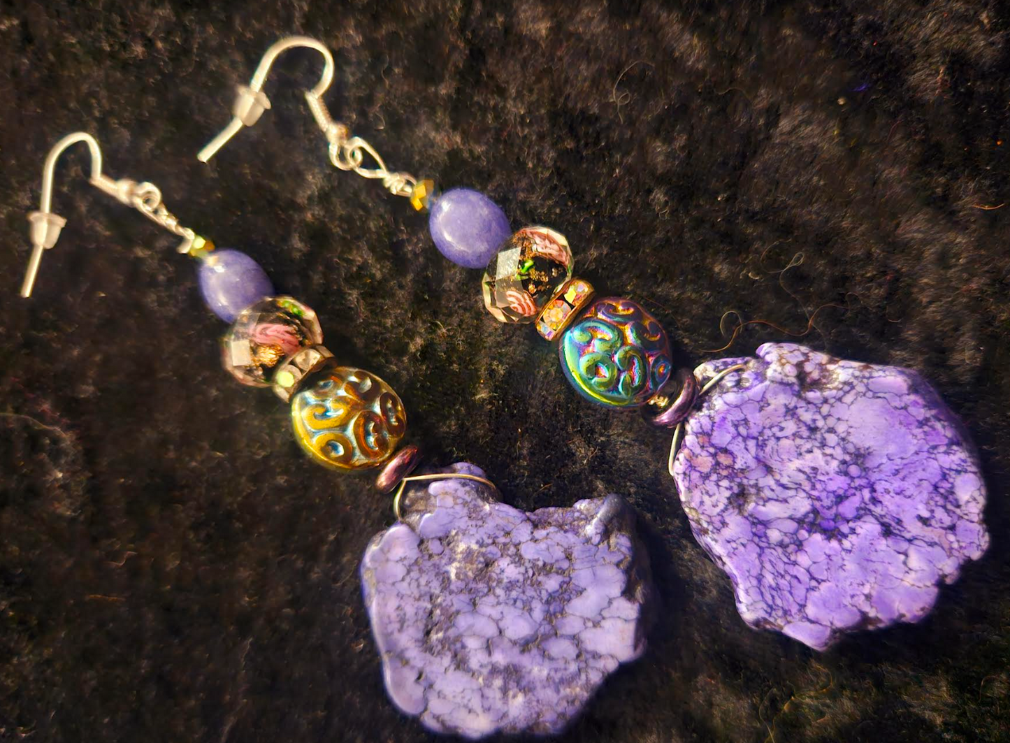 Purple Howlite Slab Dangle Pierced Statement Earrings Fancy Purple C