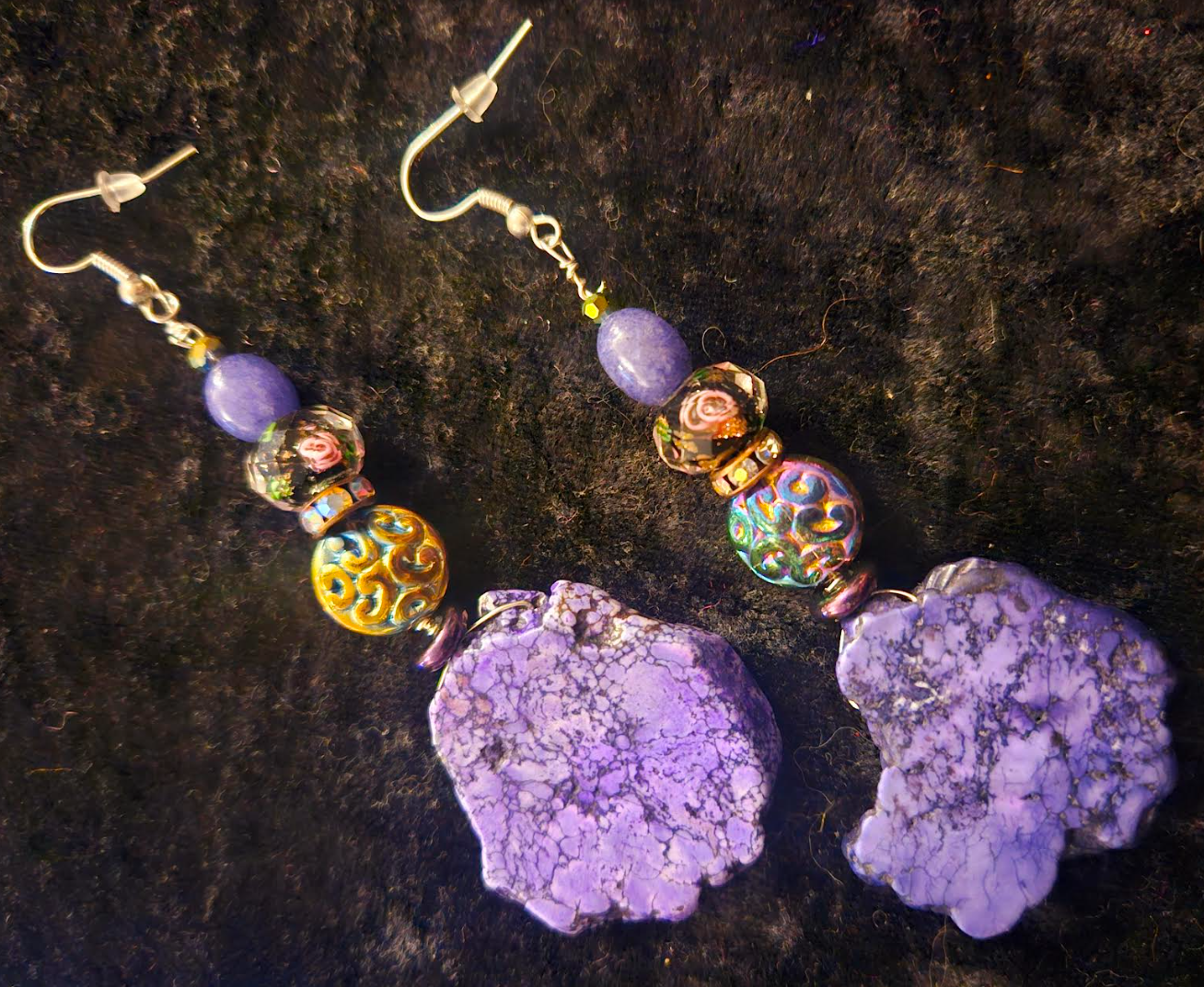Purple Howlite Slab Dangle Pierced Statement Earrings Fancy Purple C