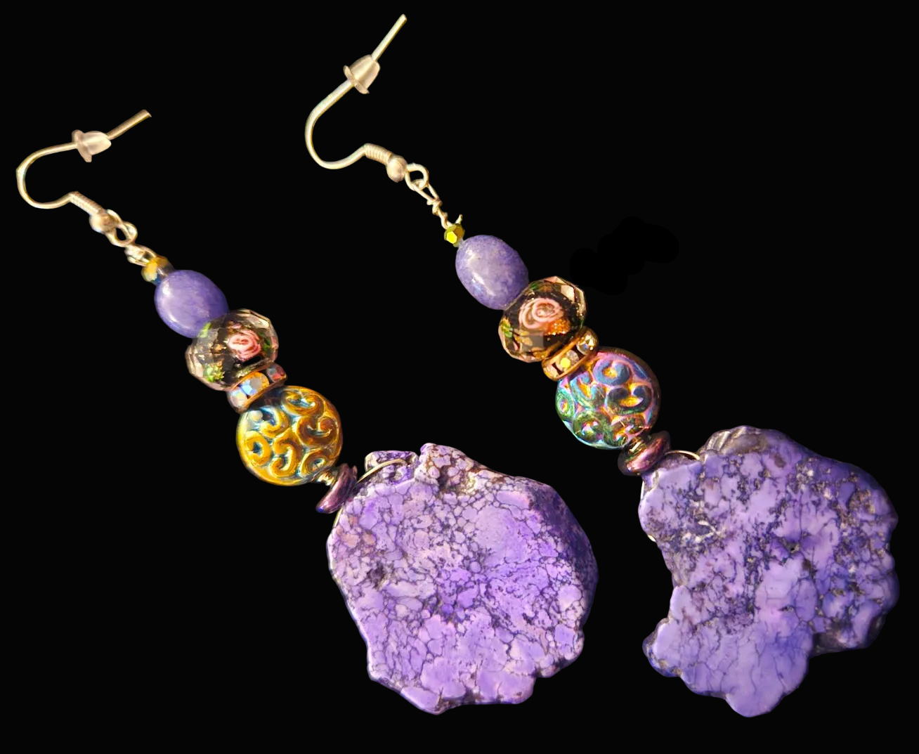 Purple Howlite Slab Dangle Shoulder Duster Pierced Earrings