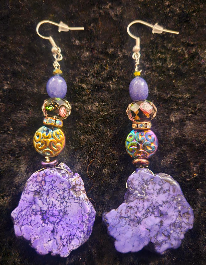 Purple Howlite Slab Dangle Pierced Statement Earrings Fancy Purple C
