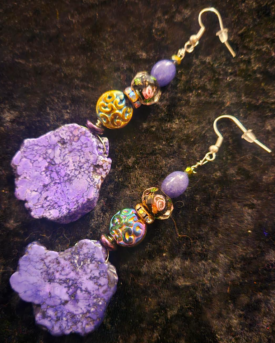 Purple Howlite Slab Dangle Pierced Statement Earrings Fancy Purple C