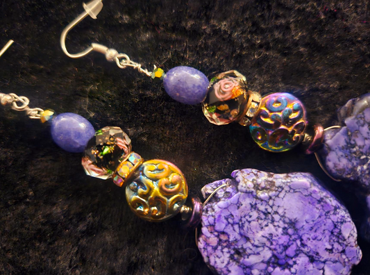 Purple Howlite Slab Dangle Pierced Statement Earrings Fancy Purple C