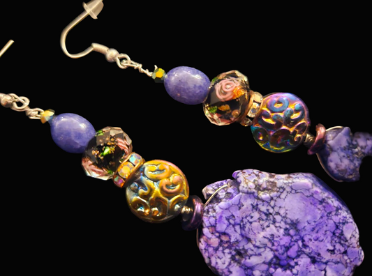 Purple Howlite Slab Dangle Shoulder Duster Pierced Earrings