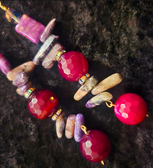 Faceted Plum Agate & Amethyst Beaded Dangle Pierced Statement Earrings