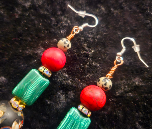 Red Green Cream and Blue Dangle Drop Pierced Statement Earrings Mixe
