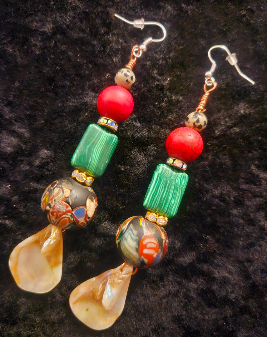Red Green Cream and Blue Dangle Drop Pierced Statement Earrings Mixe