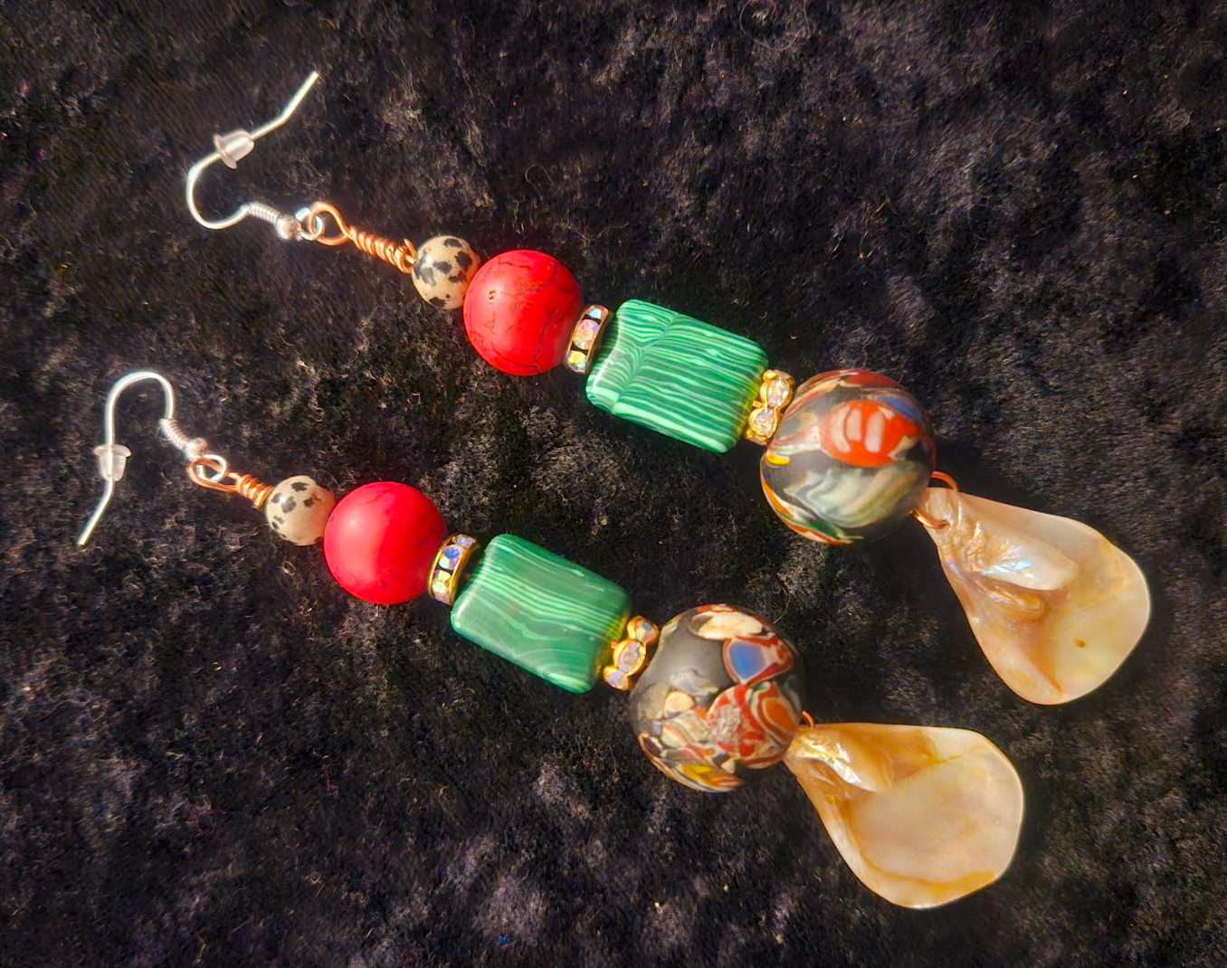 Red Green Cream and Blue Dangle Drop Pierced Statement Earrings Mixe