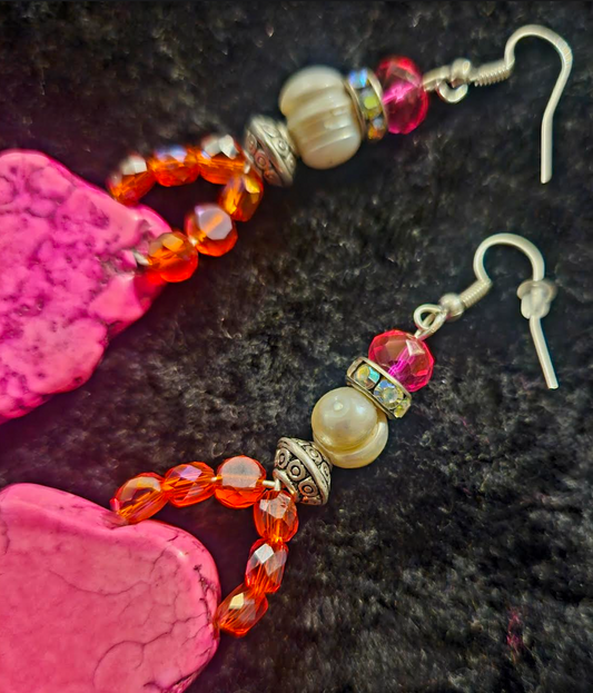 Hot Pink Howlite Drop Pierced Statement Earrings Bohemian Couture Ea