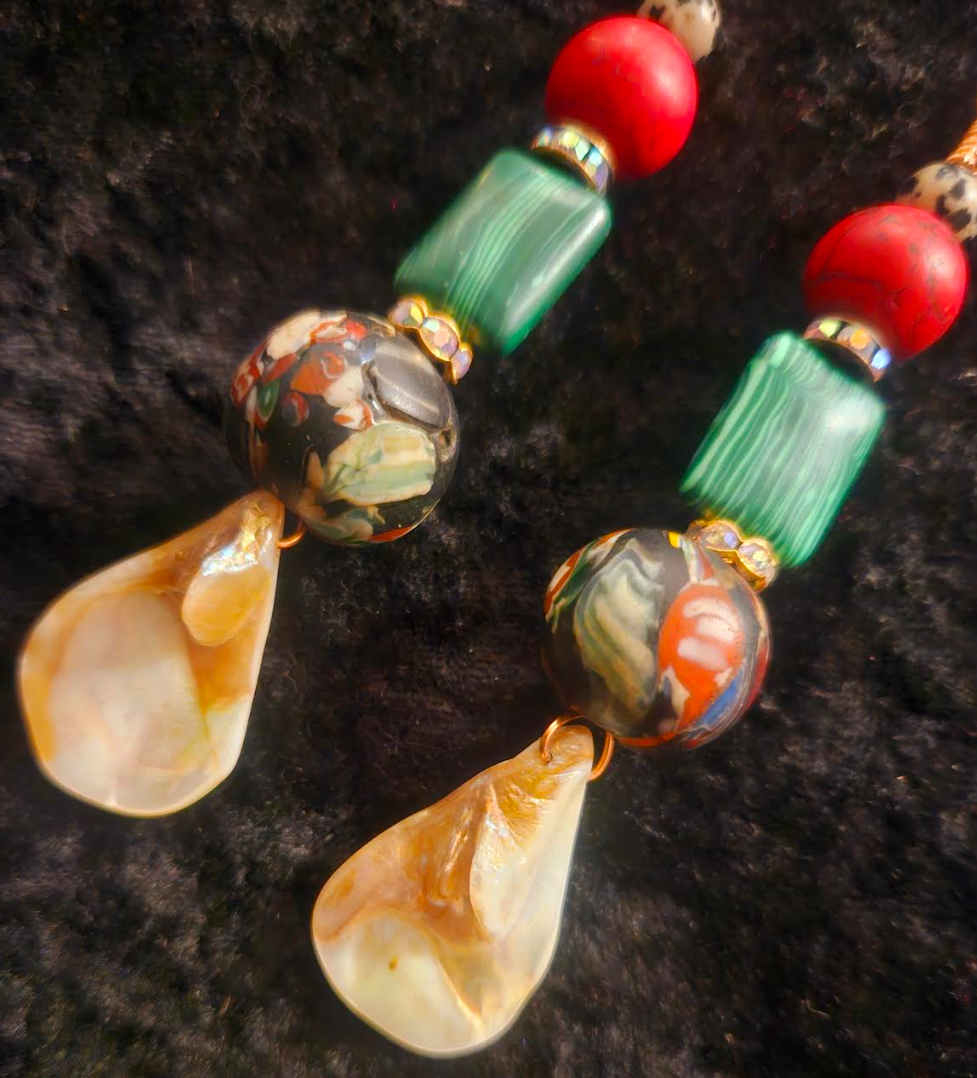 Red Green Cream and Blue Dangle Drop Pierced Statement Earrings Mixe