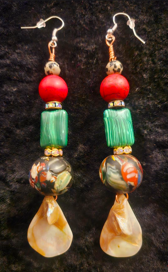 Red Green Cream and Blue Dangle Drop Pierced Statement Earrings Mixe