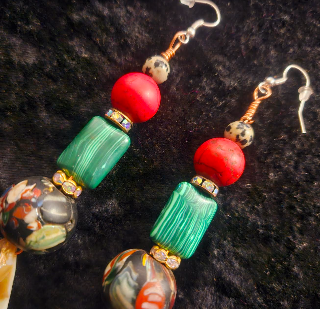 Red Green Cream and Blue Dangle Drop Pierced Statement Earrings Mixe