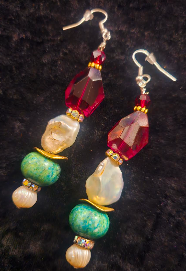 Chrysocolla Pearl and Red Crystal Drop Pierced Statement Earrings Re