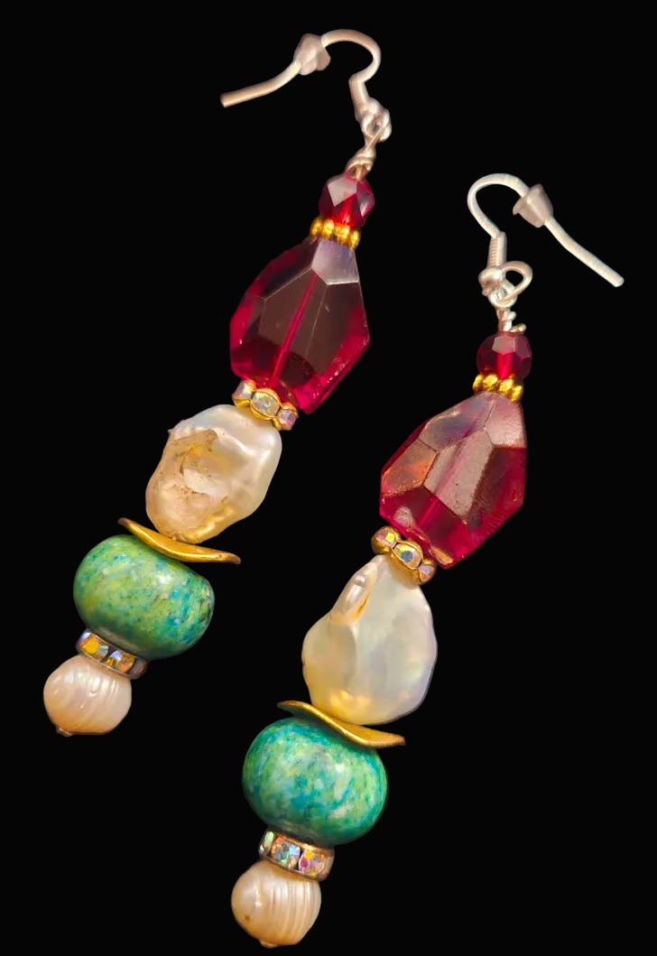 Chrysocolla, Pearl & Red Crystal Drop Pierced Dangle Earrings