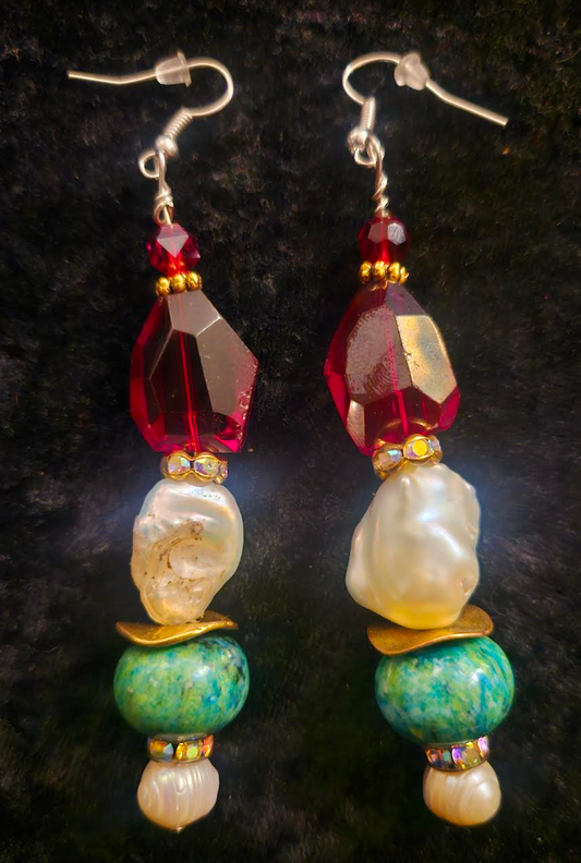 Chrysocolla Pearl and Red Crystal Drop Pierced Statement Earrings Re