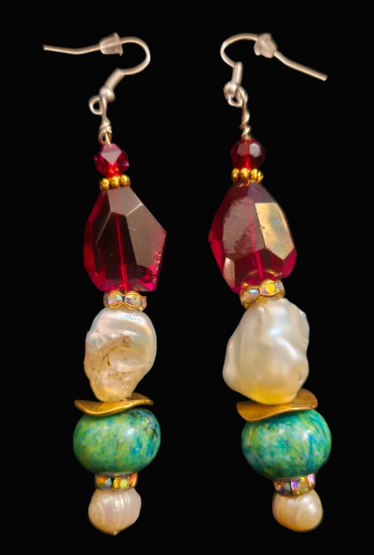 Chrysocolla, Pearl & Red Crystal Drop Pierced Dangle Earrings