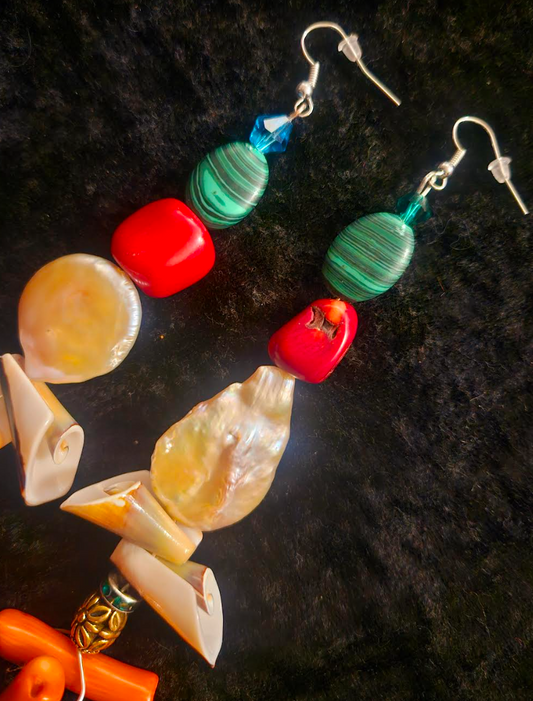 Branch Coral Shell Freshwater Pearl & Gemstone Long Pierced Earring