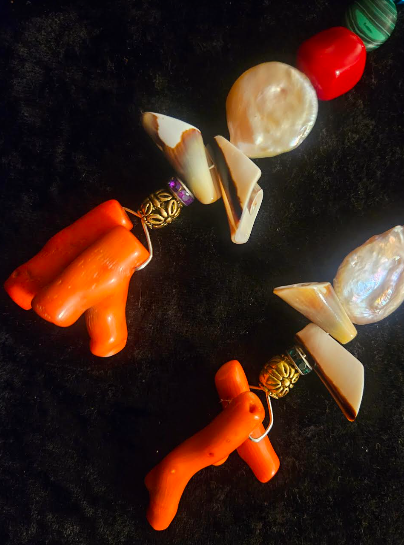 Branch Coral Shell Freshwater Pearl & Gemstone Long Pierced Earring