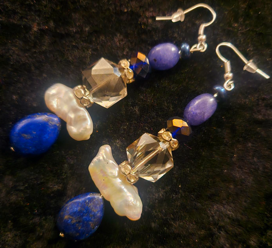 Lapis Lazuli Freshwater Pearl and Crystal Drop Pierced Statement Earri