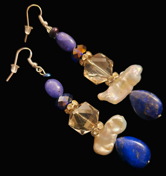 Lapis, Freshwater Pearl & Crystal Drop Pierced Statement Earrings