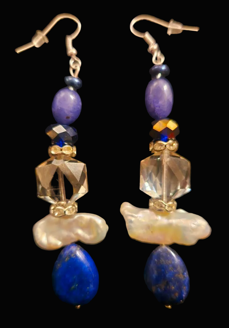 Lapis, Freshwater Pearl & Crystal Drop Pierced Statement Earrings