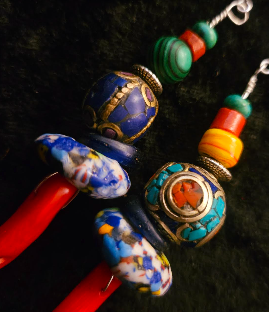 Red Branch Coral & Mixed Tribal Bead Long Pierced Statement Earrings