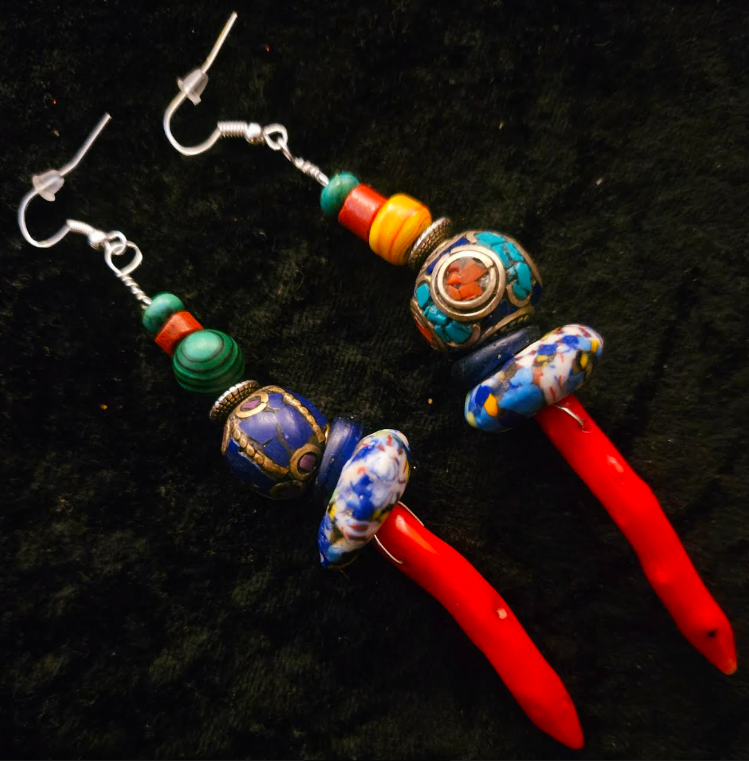 Red Branch Coral & Mixed Tribal Bead Long Pierced Statement Earrings