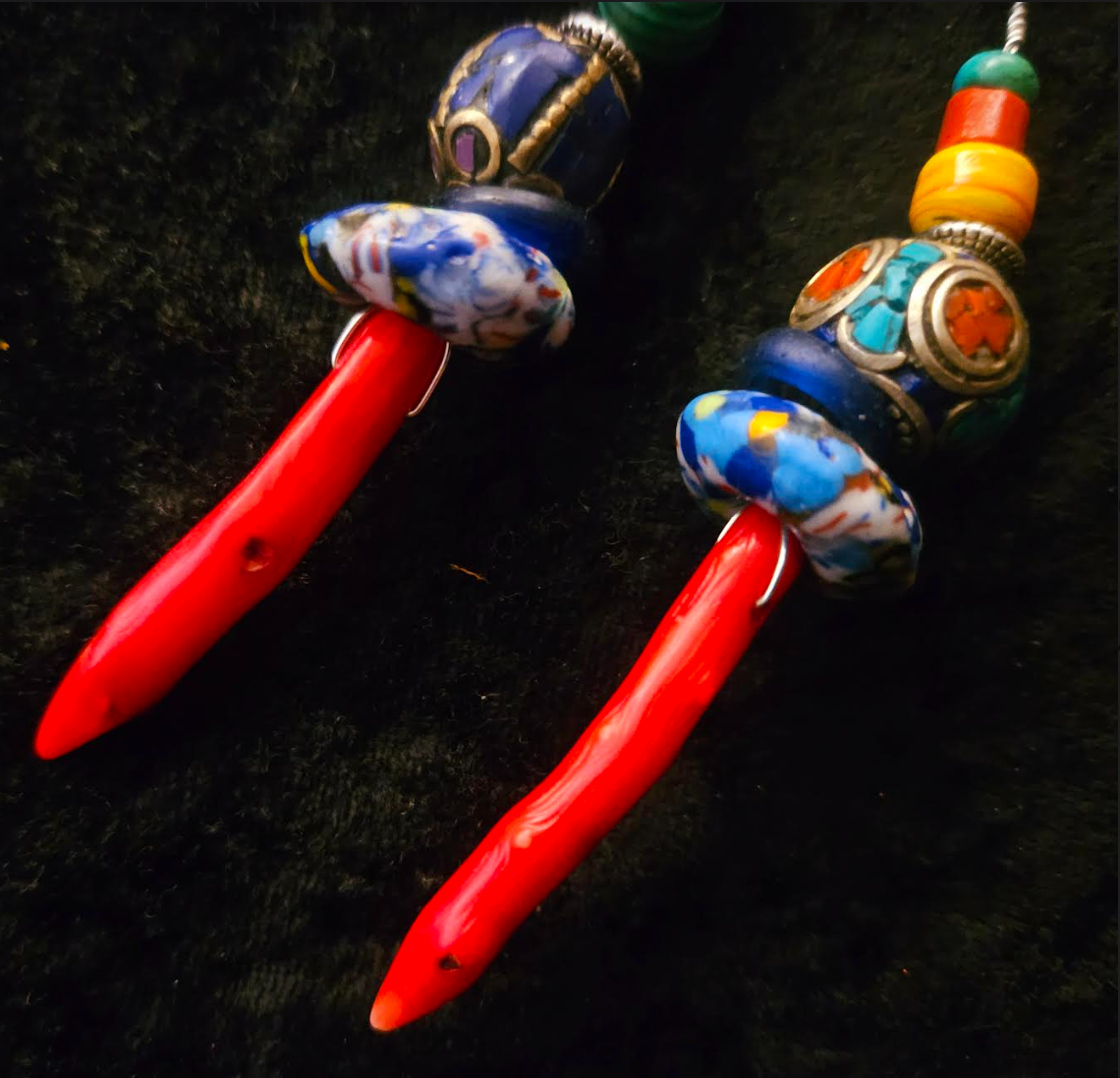 Red Branch Coral & Mixed Tribal Bead Long Pierced Statement Earrings