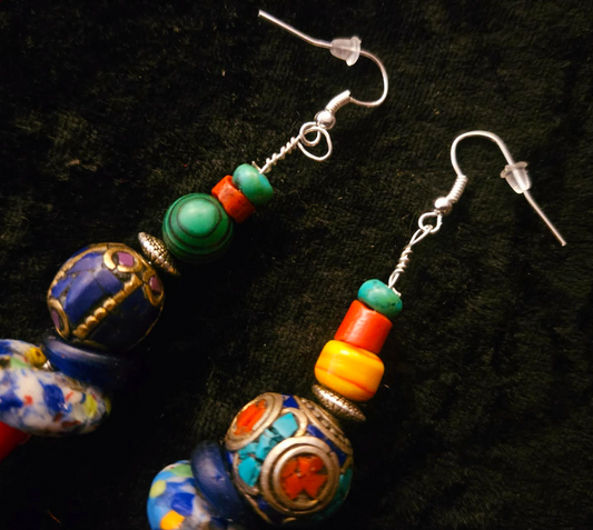 Red Branch Coral & Mixed Tribal Bead Long Pierced Statement Earrings