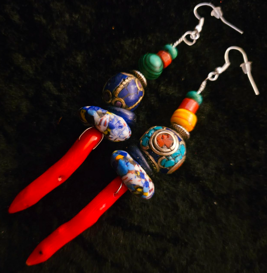Red Branch Coral & Mixed Tribal Bead Long Pierced Statement Earrings