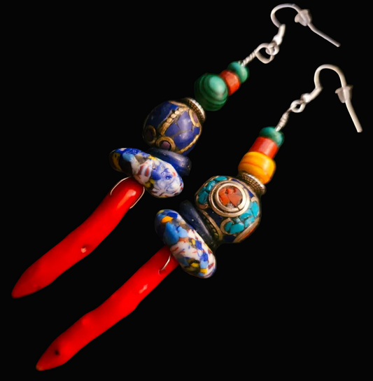 Red Branch Coral & Mixed Tribal Bead XL Pierced Statement Earrings
