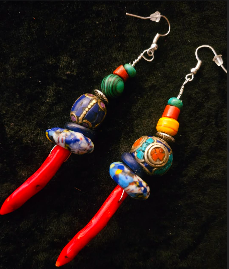 Red Branch Coral & Mixed Tribal Bead Long Pierced Statement Earrings