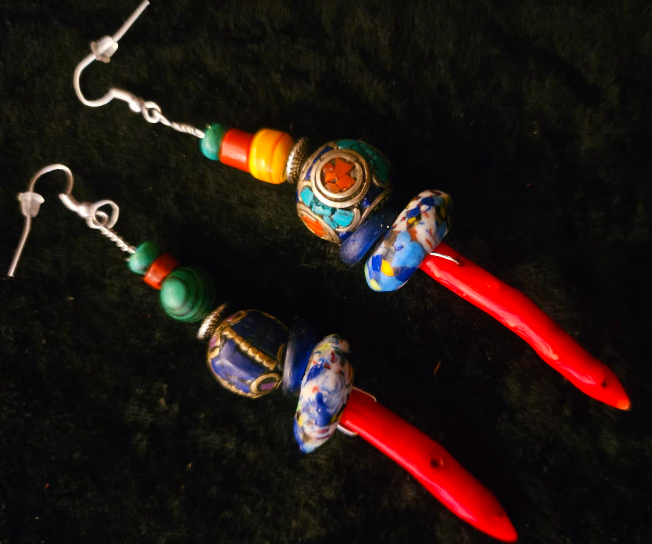 Red Branch Coral & Mixed Tribal Bead Long Pierced Statement Earrings
