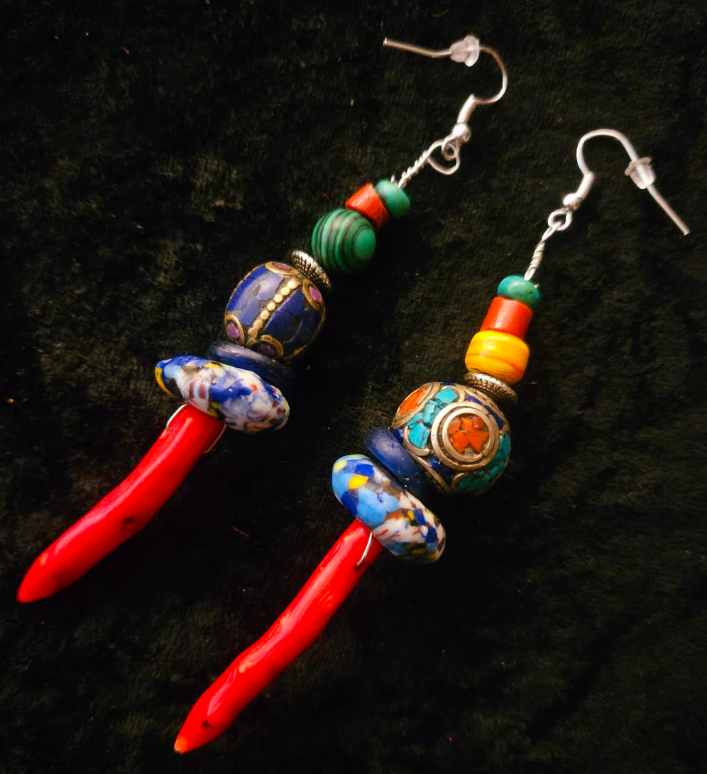 Red Branch Coral & Mixed Tribal Bead Long Pierced Statement Earrings